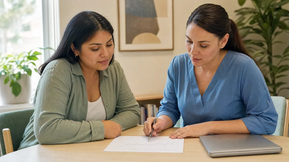A therapist reviewing a progress graph on a tablet.