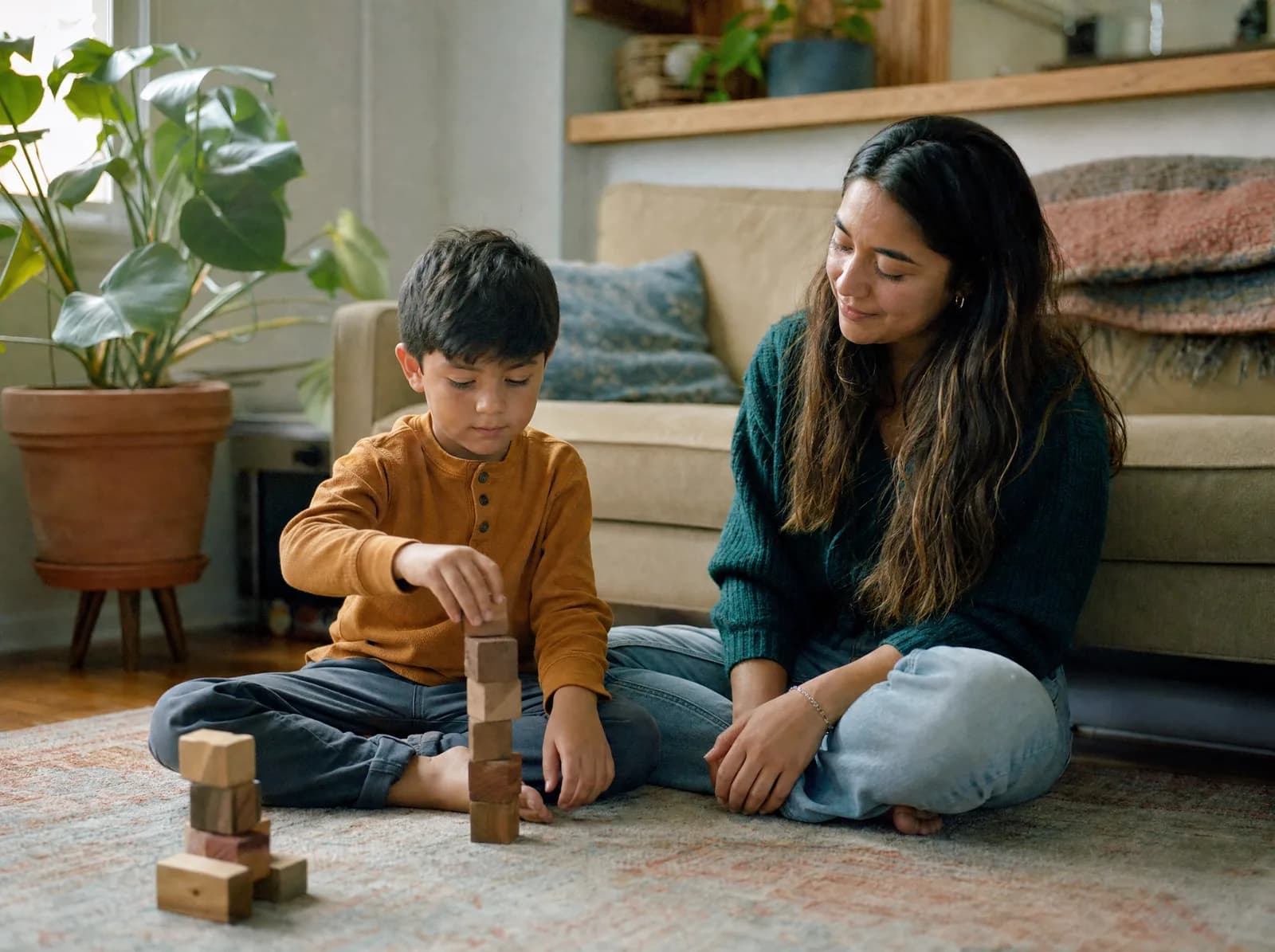 A mother and her young son sitting on their living-room rug, stacking wooden blocks together.